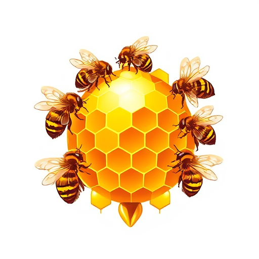 Professional logo design. A group of honeybees flying around a golden honeycomb hive, close-up, artistic detailed illustration, warm colors, natural lighting