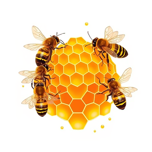 Professional logo design. A group of honeybees flying around a golden honeycomb hive, close-up, artistic detailed illustration, warm colors, natural lighting