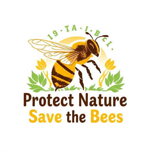 Professional logo design. Environmental poster design of a honeybee, with text "Protect Nature, Save the Bees", artistic, bold colors, eye-catching, digital artwork