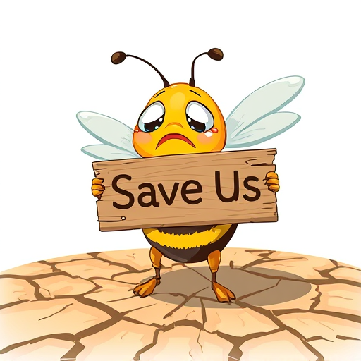 Professional logo design. A sad crying bee holding a wooden sign that says "Save Us", standing on dry cracked earth, environmental awareness poster, emotional illustration, detailed art