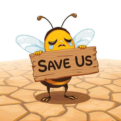 Professional logo design. A sad crying bee holding a wooden sign that says "Save Us", standing on dry cracked earth, environmental awareness poster, emotional illustration, detailed art