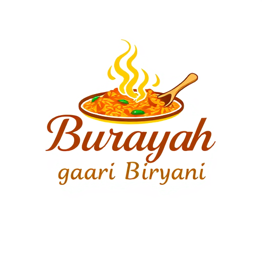 Professional logo design. Pictorial logo for a popular biryani restaurant named "Buraiah gaari Biryani": a stylized, steaming pot of biryani with fragrant rice and spices, paired with a subtle depiction of a traditional Indian spoon or ladle. Vibrant and warm, featuring rich saffron yellow, deep earthy brown, and a touch of emerald green. Elegant, slightly ornate script font for "Burayya" and a clean, modern sans-serif for "Biryani". Design with a touch of Mughal-inspired artistry, emphasizing the richness and aromatic nature of the dish. Visual execution will be a clean vector illustration with subtle gradients to suggest steam and texture. White background.