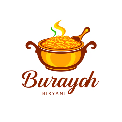 Professional logo design. Pictorial logo for a popular biryani restaurant named "Buraiah gaari Biryani": a stylized, steaming pot of biryani with fragrant rice and spices, paired with a subtle depiction of a traditional Indian spoon or ladle. Vibrant and warm, featuring rich saffron yellow, deep earthy brown, and a touch of emerald green. Elegant, slightly ornate script font for "Burayya" and a clean, modern sans-serif for "Biryani". Design with a touch of Mughal-inspired artistry, emphasizing the richness and aromatic nature of the dish. Visual execution will be a clean vector illustration with subtle gradients to suggest steam and texture. White background.