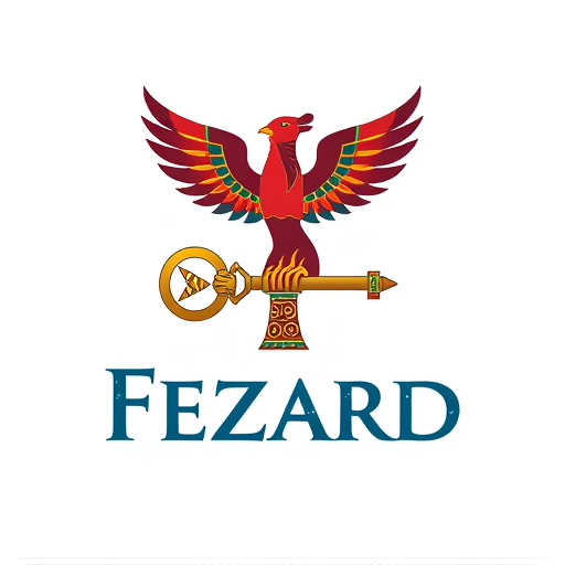 Professional logo design. Pictorial logo for a YouTube channel named "Fezard": A stylized phoenix rising from a stylized, ancient-looking key, symbolizing rebirth and unlocking knowledge. The phoenix incorporates subtle Egyptian hieroglyphic elements within its feathers. The key features a design reminiscent of an ancient artifact, perhaps with engraved patterns. Crimson red, gold, and deep indigo. Bold, slightly distressed serif font for the channel name, positioned below the icon. Inspired by ancient Egyptian art and mythology with a modern, eye-catching aesthetic. The phoenix should have dynamic wings and a fiery glow, while the key should appear solid and mysterious. Clean white background.