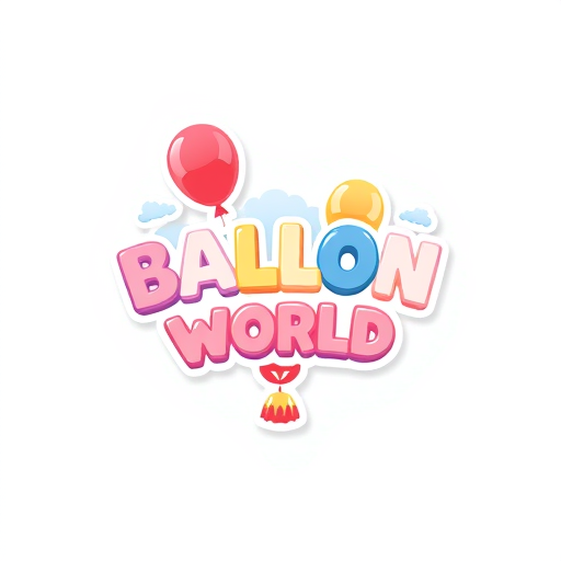 Professional logo design. BALLON WORLD — Whimsical illustration, pastel colors with pops of vibrant red and yellow, soft diffused light, playful cartoon style, 3D render with smooth textures, white seamless background.
