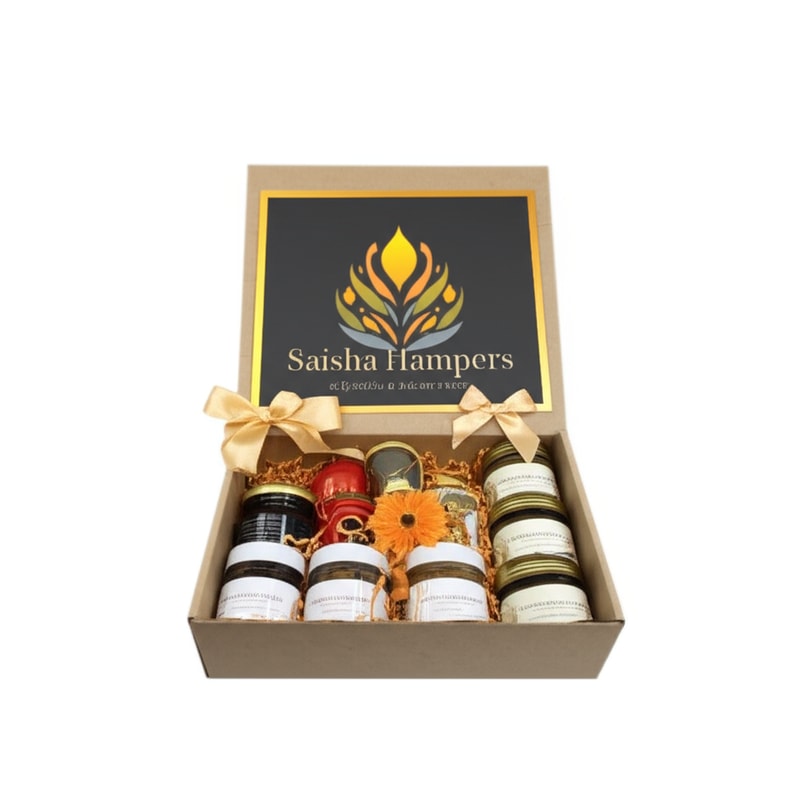 A gift hamper box image then Saisha Hampers name then tagline affordable & adorable