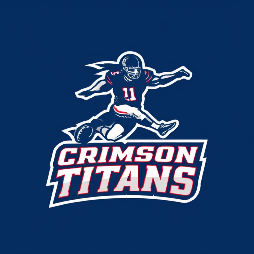 Professional logo design. Design a logo for football jersey. The logo should be made with a football player (not Rugby)) kicking the football, and The name of the team should be typed in a stylish bold font on the Bottom of the player. The name of the team is "Crimson Titans". The color of the logo will be Nav blue or Off-White.