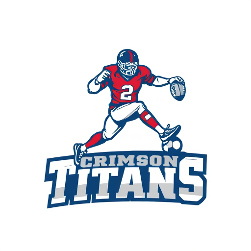 Professional logo design. Design a logo for football jersey. The logo should be made with a football player kicking the football, and The name of the team should be typed in a stylish bold font on the Bottom of the player. The name of the team is "Crimson Titans". The color of the logo will be Nav blue or Off-White.