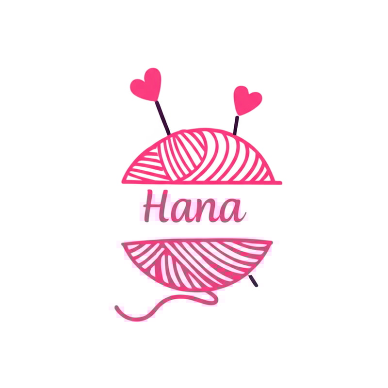 The ball of knitting yarn should be complete and the text "Hana" should be written on the end of the yarn, and there should be two rods with the ends of the hearts inside the ball of yarn.