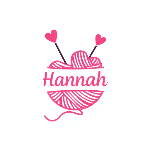 Professional logo design. I want a logo for a handmade knitted doll business. Make it from a ball of knitting yarn with the end of the yarn shaped like the text "Hannah" and two rods with the ends of hearts inside the ball of yarn. Add an element of excitement or surprise.