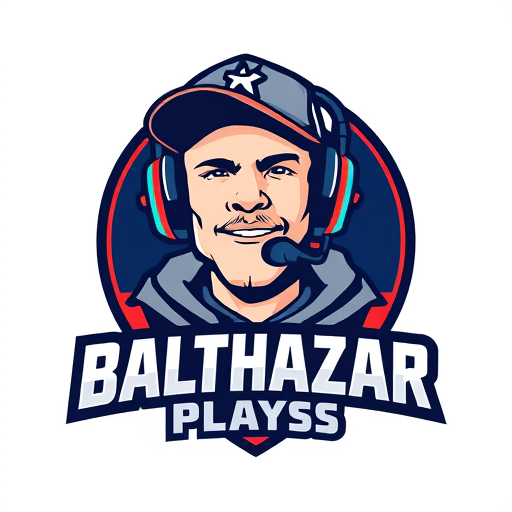Professional logo design. Banner for a gaming YouTube channel featuring a guy in a cap and headphones with a microphone, titled BalthazarPlays