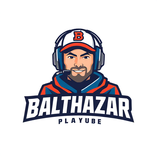 Professional logo design. Banner for a gaming YouTube channel featuring a guy in a cap and headphones with a microphone, titled BalthazarPlays
