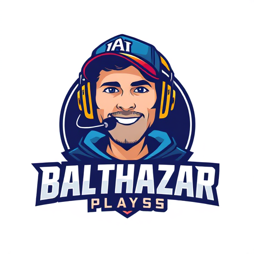 Professional logo design. Banner for a gaming YouTube channel featuring a guy in a cap and headphones with a microphone, titled BalthazarPlays