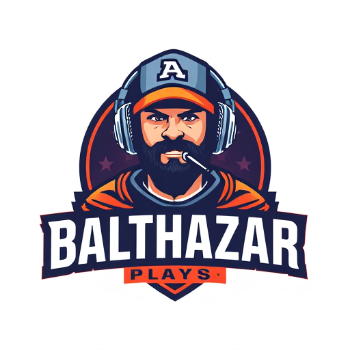Professional logo design. Banner for a gaming YouTube channel featuring a guy in a cap and headphones with a microphone, titled BalthazarPlays
