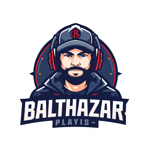 Professional logo design. Banner for a gaming YouTube channel featuring a guy in a cap and headphones with a microphone, titled BalthazarPlays