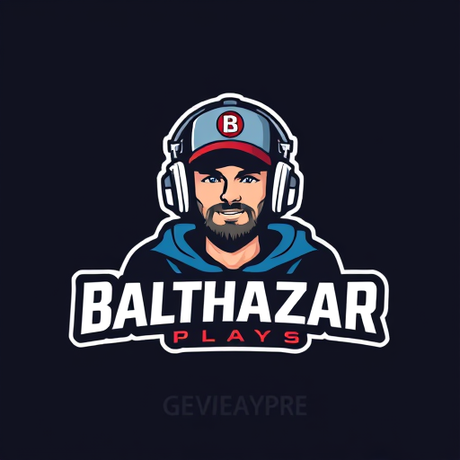 Professional logo design. Banner for a gaming YouTube channel featuring a guy in a cap and headphones with a microphone, titled BalthazarPlays