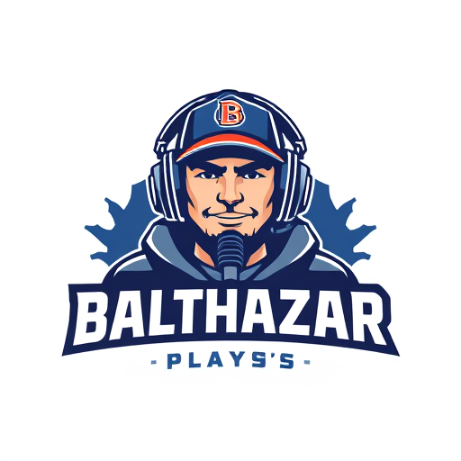Professional logo design. Banner for a gaming YouTube channel featuring a guy in a cap and headphones with a microphone, titled BalthazarPlays
