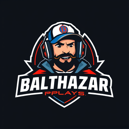 Professional logo design. Banner for a gaming YouTube channel featuring a guy in a cap and headphones with a microphone, titled BalthazarPlays