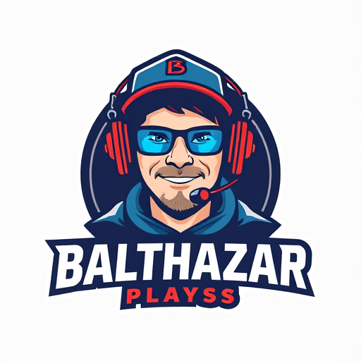 Professional logo design. Banner for a gaming YouTube channel featuring a guy in a cap and headphones with a microphone, titled BalthazarPlays