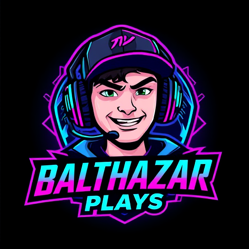 Professional logo design. Character logo for a gaming YouTube channel named "BalthazarPlays": A dynamic portrait of Balthazar, a young man wearing a stylish cap and high-quality gaming headphones with a prominent microphone. He should have an energetic and engaging expression, reflecting a passion for gaming. Dark, vibrant, and electric colors with accents of neon blue and purple. Bold, modern, and slightly futuristic typography for the channel name. Design with a cybernetic and futuristic influence, leaning towards a digital art style. Incorporate subtle gaming-related graphic elements like circuit board patterns or stylized controller icons within the character's design or background. A dark, textured background with subtle glowing effects.