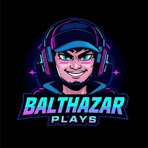 Professional logo design. Character logo for a gaming YouTube channel named "BalthazarPlays": A dynamic portrait of Balthazar, a young man wearing a stylish cap and high-quality gaming headphones with a prominent microphone. He should have an energetic and engaging expression, reflecting a passion for gaming. Dark, vibrant, and electric colors with accents of neon blue and purple. Bold, modern, and slightly futuristic typography for the channel name. Design with a cybernetic and futuristic influence, leaning towards a digital art style. Incorporate subtle gaming-related graphic elements like circuit board patterns or stylized controller icons within the character's design or background. A dark, textured background with subtle glowing effects.