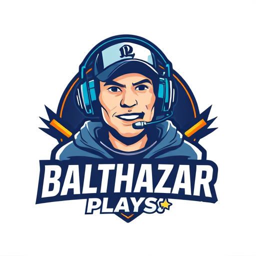 Professional logo design. Banner for a gaming YouTube channel featuring a guy in a cap and headphones with a microphone, titled BalthazarPlays