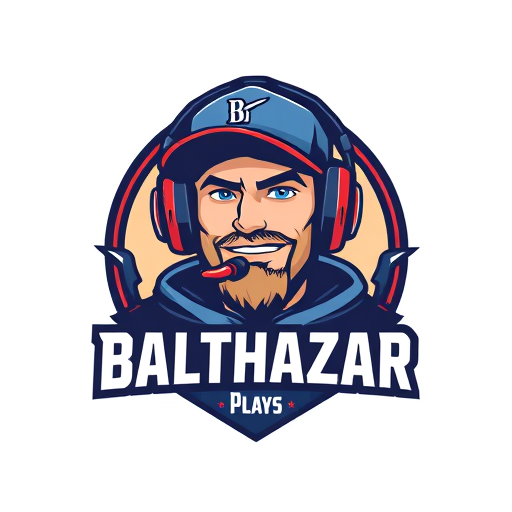 Professional logo design. Banner for a gaming YouTube channel featuring a guy, no beard, wearing a cap and headphones with a microphone, named BalthazarPlays