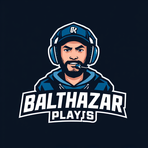 Professional logo design. Banner for a gaming YouTube channel featuring a guy in a cap and headphones with a microphone, titled BalthazarPlays