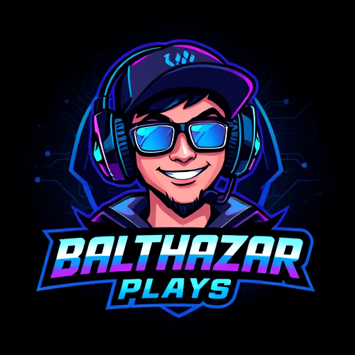 Professional logo design. Character logo for a gaming YouTube channel named "BalthazarPlays": A dynamic portrait of Balthazar, a young man wearing a stylish cap and high-quality gaming headphones with a prominent microphone. He should have an energetic and engaging expression, reflecting a passion for gaming. Dark, vibrant, and electric colors with accents of neon blue and purple. Bold, modern, and slightly futuristic typography for the channel name. Design with a cybernetic and futuristic influence, leaning towards a digital art style. Incorporate subtle gaming-related graphic elements like circuit board patterns or stylized controller icons within the character's design or background. A dark, textured background with subtle glowing effects.