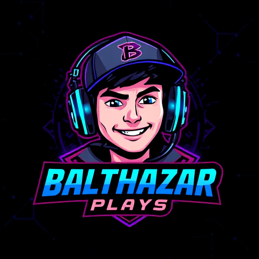 Professional logo design. Character logo for a gaming YouTube channel named "BalthazarPlays": A dynamic portrait of Balthazar, a young man wearing a stylish cap and high-quality gaming headphones with a prominent microphone. He should have an energetic and engaging expression, reflecting a passion for gaming. Dark, vibrant, and electric colors with accents of neon blue and purple. Bold, modern, and slightly futuristic typography for the channel name. Design with a cybernetic and futuristic influence, leaning towards a digital art style. Incorporate subtle gaming-related graphic elements like circuit board patterns or stylized controller icons within the character's design or background. A dark, textured background with subtle glowing effects.