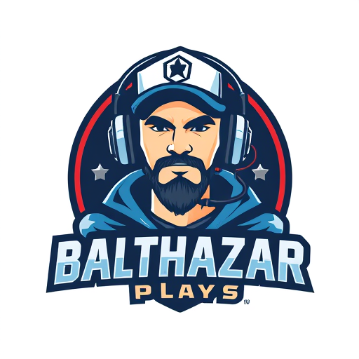 Professional logo design. Banner for a gaming YouTube channel featuring a guy in a cap and headphones with a microphone, titled BalthazarPlays