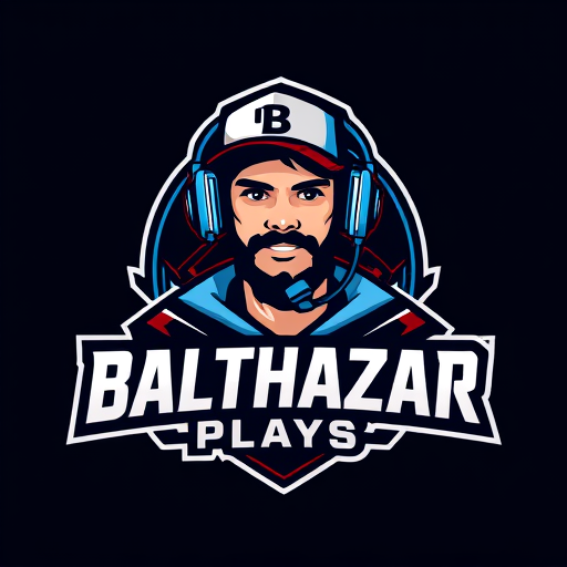Professional logo design. Banner for a gaming YouTube channel featuring a guy in a cap and headphones with a microphone, titled BalthazarPlays