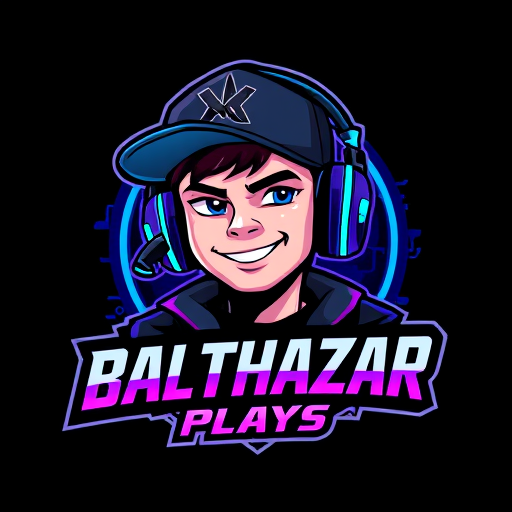 Professional logo design. Character logo for a gaming YouTube channel named "BalthazarPlays": A dynamic portrait of Balthazar, a young man wearing a stylish cap and high-quality gaming headphones with a prominent microphone. He should have an energetic and engaging expression, reflecting a passion for gaming. Dark, vibrant, and electric colors with accents of neon blue and purple. Bold, modern, and slightly futuristic typography for the channel name. Design with a cybernetic and futuristic influence, leaning towards a digital art style. Incorporate subtle gaming-related graphic elements like circuit board patterns or stylized controller icons within the character's design or background. A dark, textured background with subtle glowing effects.