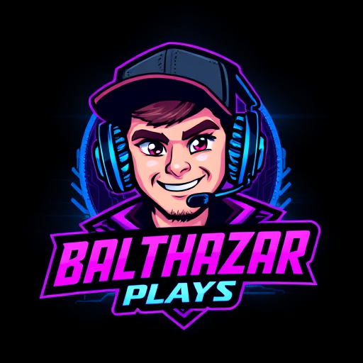 Professional logo design. Character logo for a gaming YouTube channel named "BalthazarPlays": A dynamic portrait of Balthazar, a young man wearing a stylish cap and high-quality gaming headphones with a prominent microphone. He should have an energetic and engaging expression, reflecting a passion for gaming. Dark, vibrant, and electric colors with accents of neon blue and purple. Bold, modern, and slightly futuristic typography for the channel name. Design with a cybernetic and futuristic influence, leaning towards a digital art style. Incorporate subtle gaming-related graphic elements like circuit board patterns or stylized controller icons within the character's design or background. A dark, textured background with subtle glowing effects.