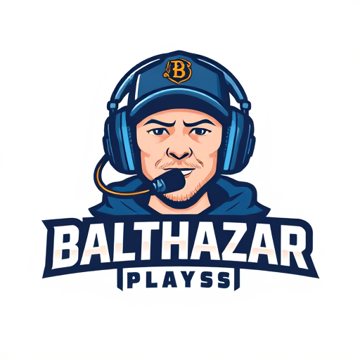 Professional logo design. Banner for a gaming YouTube channel featuring a guy in a cap and headphones with a microphone, titled BalthazarPlays
