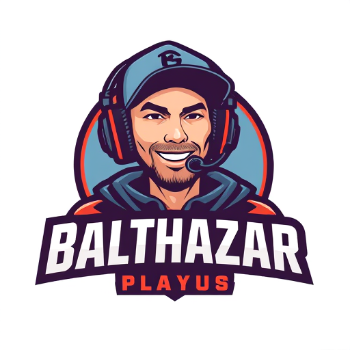 Professional logo design. Banner for a gaming YouTube channel featuring a guy in a cap and headphones with a microphone, titled BalthazarPlays