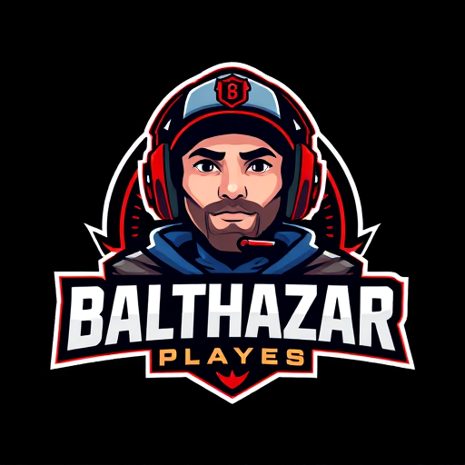 Professional logo design. Banner for a gaming YouTube channel featuring a guy in a cap and headphones with a microphone, titled BalthazarPlays