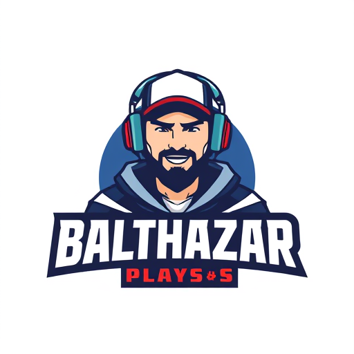 Professional logo design. Banner for a gaming YouTube channel featuring a guy in a cap and headphones with a microphone, titled BalthazarPlays