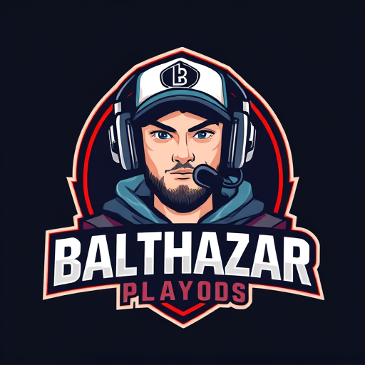 Professional logo design. Banner for a gaming YouTube channel featuring a guy in a cap and headphones with a microphone, titled BalthazarPlays