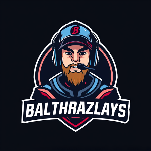 Professional logo design. Banner for a gaming YouTube channel featuring a guy in a cap and headphones with a microphone, titled BalthazarPlays