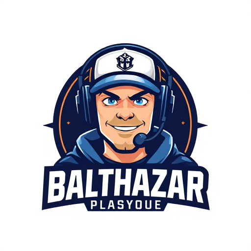 Professional logo design. Banner for a gaming YouTube channel featuring a guy in a cap and headphones with a microphone, titled BalthazarPlays