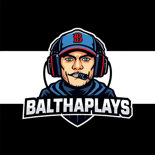 Professional logo design. Banner for a gaming YouTube channel featuring a guy in a cap and headphones with a microphone, titled BalthazarPlays