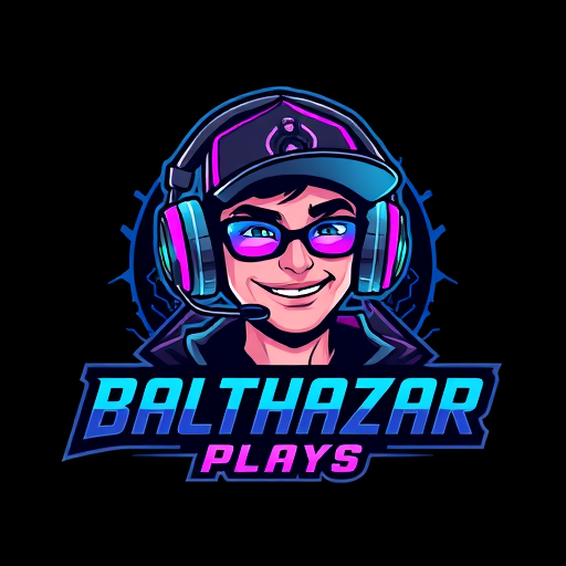 Professional logo design. Character logo for a gaming YouTube channel named "BalthazarPlays": A dynamic portrait of Balthazar, a young man wearing a stylish cap and high-quality gaming headphones with a prominent microphone. He should have an energetic and engaging expression, reflecting a passion for gaming. Dark, vibrant, and electric colors with accents of neon blue and purple. Bold, modern, and slightly futuristic typography for the channel name. Design with a cybernetic and futuristic influence, leaning towards a digital art style. Incorporate subtle gaming-related graphic elements like circuit board patterns or stylized controller icons within the character's design or background. A dark, textured background with subtle glowing effects.