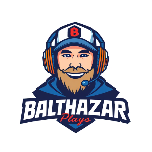 Professional logo design. "Banner for a gaming YouTube channel featuring a guy, no beard, wearing a cap and headphones with a microphone, named BalthazarPlays."