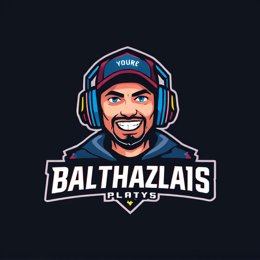 Professional logo design. Banner for a gaming YouTube channel featuring a guy in a cap and headphones with a microphone, titled BalthazarPlays