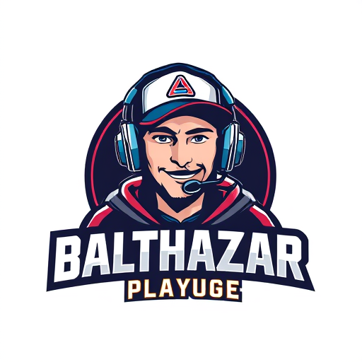 Professional logo design. Banner for a gaming YouTube channel featuring a guy in a cap and headphones with a microphone, titled BalthazarPlays
