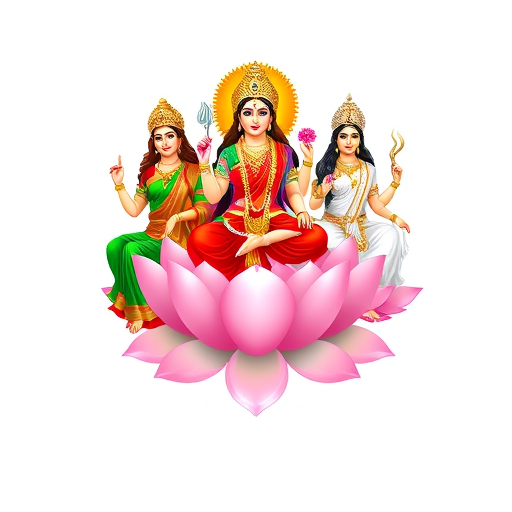 Professional logo design. Can you create a logo using three hindu goddesses Saraswathi, parwathi, and Laxmi with parwathi in middle sitting on lion with keeping right leg downward and Saraswati on the right side of parwathi sitting on white lotus with veena in one hand and lotus in other hand and also keeping right leg downward and also Laxmi on the side of parwathi sitting on pink Lotus with right leg downward and holding lotus in one hand and gold coins in another hand. Design Laxmi wearing green color saree, parwathi wearing red color saree and Saraswati wearing white color saree. 