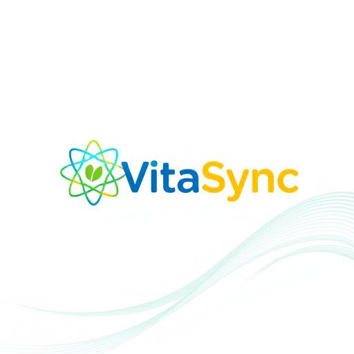 Professional logo design. Pictorial for a health and food tracking app for Gen Z named "VitaSync": A stylized, vibrant atom symbol incorporating a subtle leaf or fruit silhouette within its structure, representing health and nutrition. A gradient palette of electric blue, lime green, and a touch of sunset orange for a modern, energetic feel. Bold, rounded, and slightly playful sans-serif typography for "VitaSync" with subtle animation potential. Inspired by modern tech aesthetics and organic design, with clean lines and a smooth, almost liquid visual execution. A dynamic, abstract background with subtle energetic wave patterns.