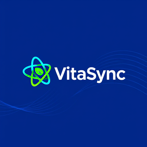 Professional logo design. Pictorial for a health and food tracking app for Gen Z named "VitaSync": A stylized, vibrant atom symbol incorporating a subtle leaf or fruit silhouette within its structure, representing health and nutrition. A gradient palette of electric blue, lime green, and a touch of sunset orange for a modern, energetic feel. Bold, rounded, and slightly playful sans-serif typography for "VitaSync" with subtle animation potential. Inspired by modern tech aesthetics and organic design, with clean lines and a smooth, almost liquid visual execution. A dynamic, abstract background with subtle energetic wave patterns.