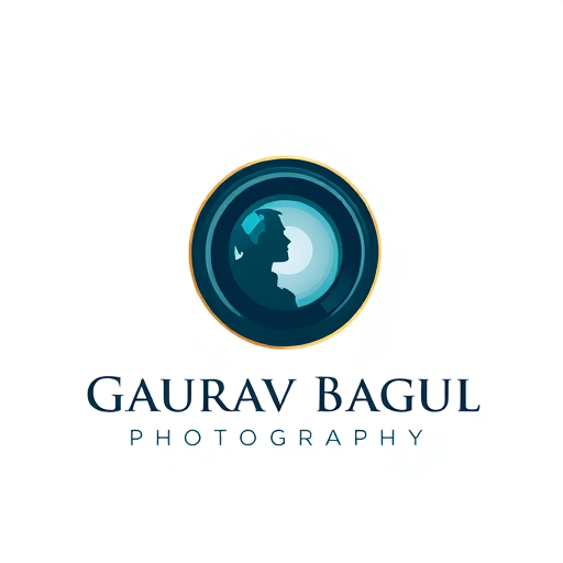 Professional logo design. Pictorial for a photography business named "Gaurav Bagul Photography": camera lens integrated with a subtle silhouette of a person, representing capturing moments and subjects, Dark Teal, Deep Navy, and a touch of Metallic Gold, Modern Sans-Serif with a clean, elegant feel. Design with a focus on fine art photography, incorporating elements of natural light and shadow, featuring a sharp, detailed rendering of the lens and a subtle, graceful silhouette, on a white background.